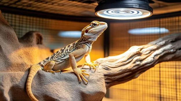 Bearded dragon basking on a branch under a heat lamp in its terrarium