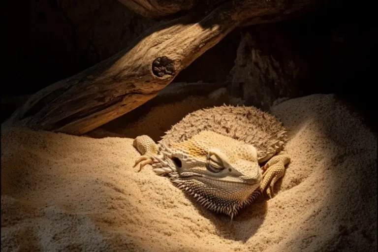 Bearded dragon sleeping half-buried in sand under a log — brumation is a natural winter sleep