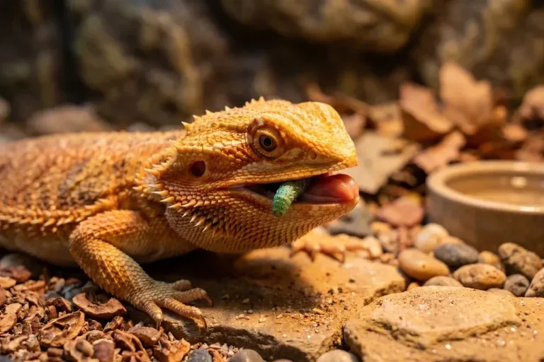 Bearded dragon eating a green feeder insect