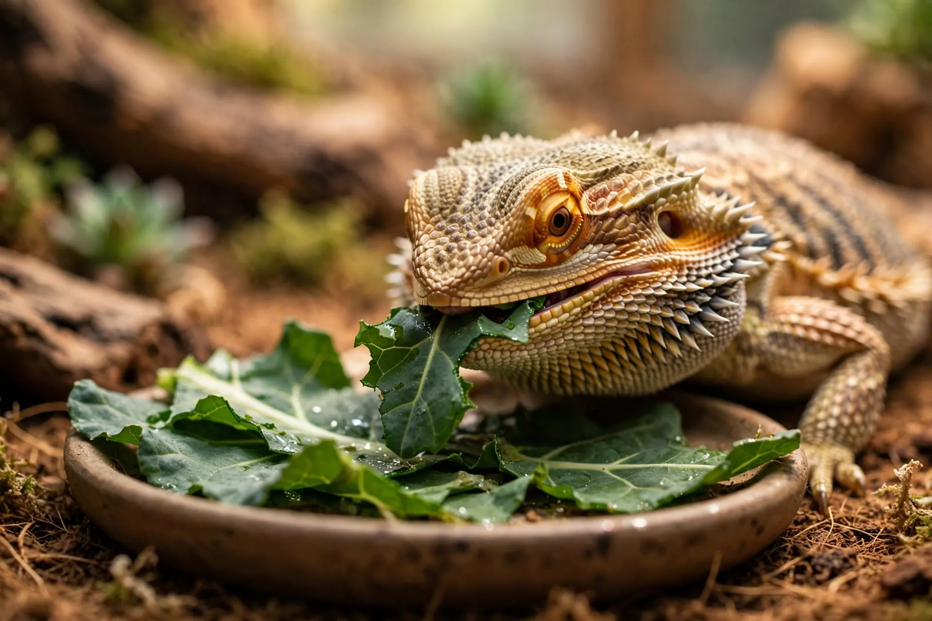 Juvenile bearded dragon eating dubia roaches from a feeding dish