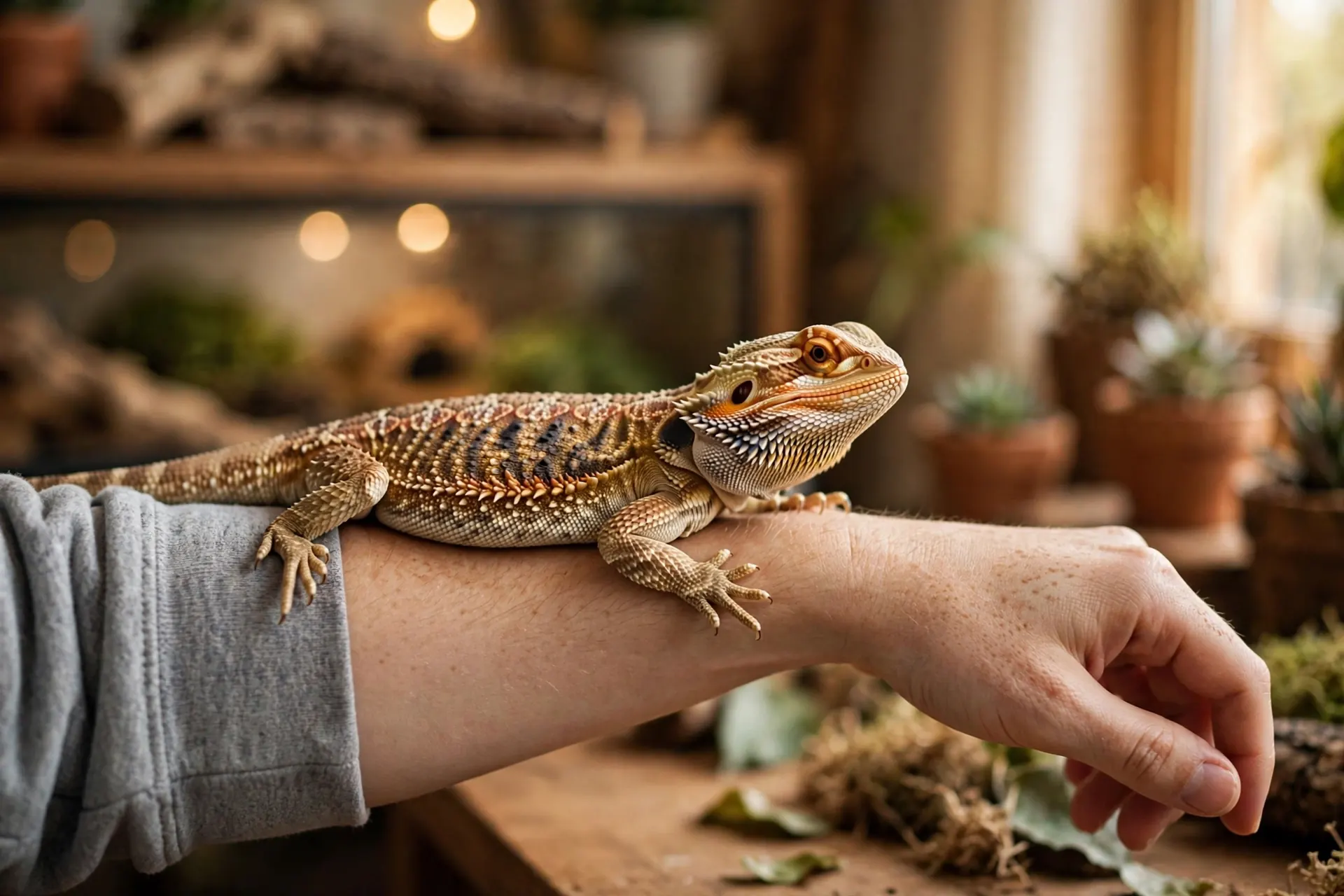 Bearded dragon standing on hind legs scratching at the glass wall of its terrarium