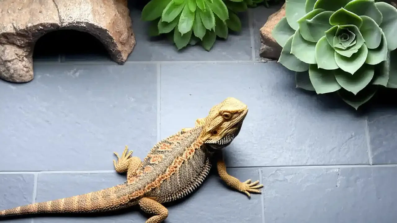 Bearded dragon standing on slate tile flooring inside its terrarium
