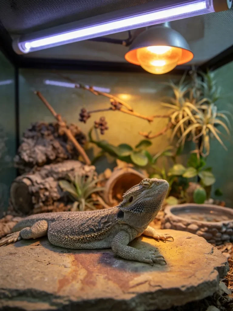 Bearded dragon basking under a linear UVB tube light and heat lamp in its terrarium