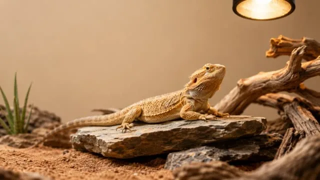 Alert bearded dragon basking under a heat lamp — waking up from brumation