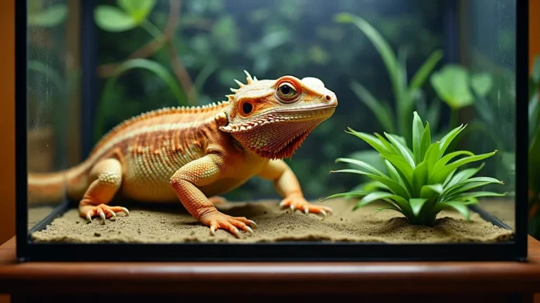 Bearded dragon on natural soil substrate with live plants in a bioactive-style terrarium