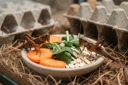 Crickets eating carrots and greens — gut-loading feeder insects