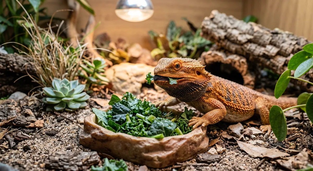 Bearded dragon eating leafy greens in a furnished enclosure