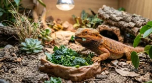 Bearded dragon eating fresh greens from a dish